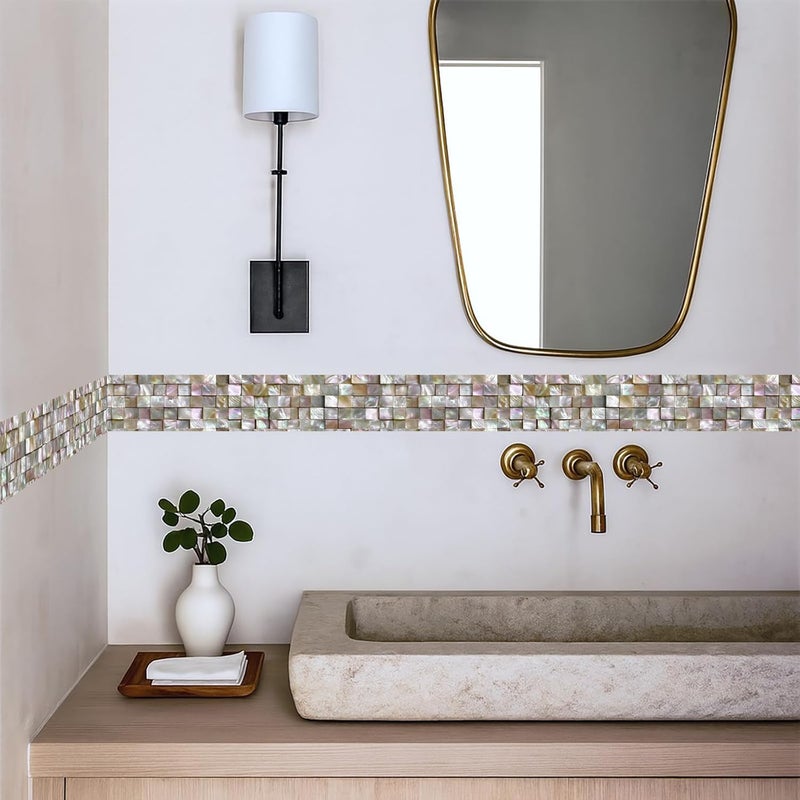 IOHEFY Pearl Mosaic Wallpaper Border 196x4 Inch Iridescent Tile Look Peel and Stick Wall Border Removable Vinyl Decorative Trim for Bathroom Kitchen Countertop Backsplash Decor - Image 3